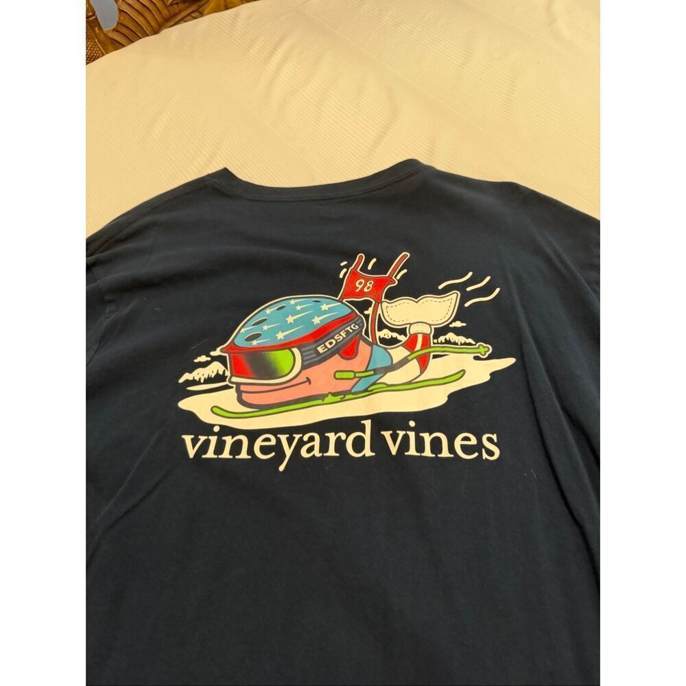 Vineyard Vines Ski Race Whale Long Sleeve Pocket Tee Men's XXL Blue Cotton